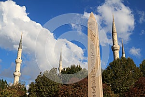 The Obelisk of Theodosius and Blue Mosque Towers in Istanbul