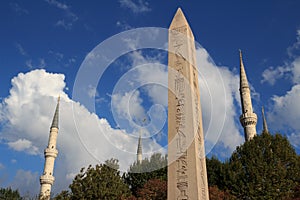 The Obelisk of Theodosius and Blue Mosque Towers in Istanbul