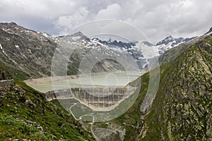 Oberaar panoramic mountain road and glacier in Switzerland in Alps