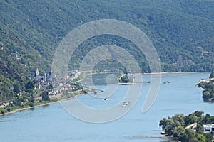 Oberwesel, Germany - 07 22 2020: Mittelrheintal with Kaub and Burg Pfalzgrafenstein in the Rhine