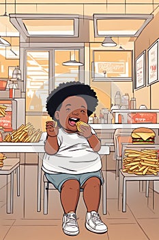 obese boy girl eating fast food , hamburger, french fries - unhealthy eating concept illustration