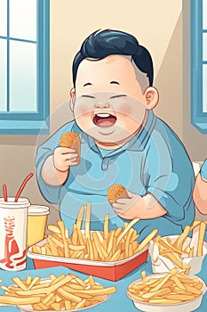 obese boy girl eating fast food , hamburger, french fries - unhealthy eating concept illustration