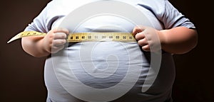 Obese boy measures stomach with tape, isolated on white, highlighting healthy weight loss