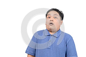 Obese fat asian boy portrait with funny shocked face expression isolated