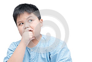 Obese fat asian boy thinking isolated on white background