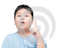 Obese fat asian boy thinking on white background