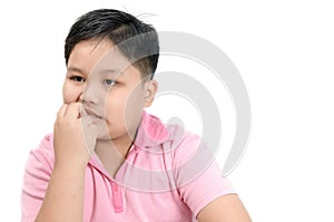 Obese fat boy biting nail isolated