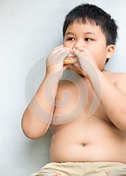 Obese fat boy child eat chicken hamburger