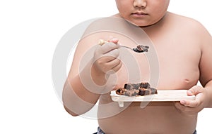 Obese fat boy eat nama chocolate isolated on white