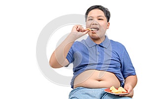 Obese fat boy eating potato chips isolated on white background