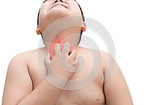 Obese fat boy scratch the itch with hand, throat irritation