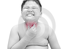 Obese fat boy scratch the itch with hand, throat irritation, iso