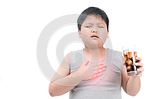 Obese fat boy suffering chest after drink cola