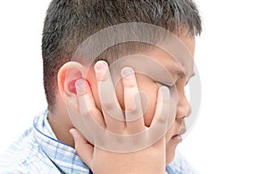 Obese fat boy touching his painful ear isolated