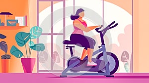 obese fat woman exercising at home on exercise bike, concept of weight loss and healthy lifestyle, made with Generative