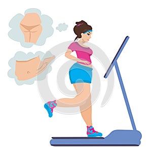Obese girl runs on a treadmill