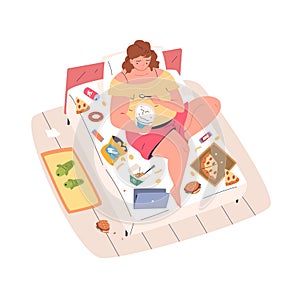 Obese lying woman. Young big curvy girl eating snack food on bed, sedentariness ladies with nutritional problem bad