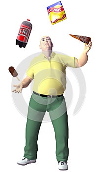 Obese man juggles junk snack food