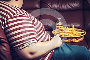 An obese man sitting on the couch eating fast food and drinking sugary drinks bad health habits Generative AI Illustration