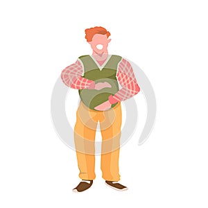 Obese man touching his fat belly smiling overweight casual guy obesity concept male cartoon character full length flat