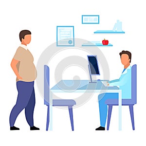 Obese man visiting dietitian flat vector illustration