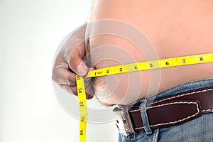 Obese person measuring his belly.