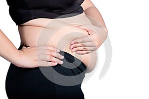 Obese woman, Fat overweight woman pinching fat on side waist show excess fat and stretch marks, On white background., Need lose w photo