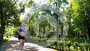 Obese woman hard to jog, exhausting workouts to burn fat, insecure upset girl