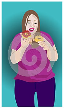 Obese woman holds 2 donuts her hand with isolated white back ground