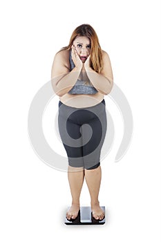 Obese woman standing on weight scale