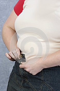 Obese Woman Trying To Button A Jeans