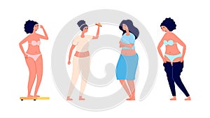 Obese women. Sad depressed overweight girls. Food addiction, eating mental disorder. Problems of fat female vector