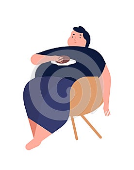 Obese young man. Fat boy sitting on chair. Concept of obesity, binge eating disorder, food addiction. Mental illness