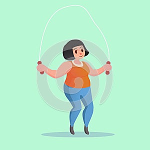 Obese young woman Jump Rope Workout Funny cartoon illustration