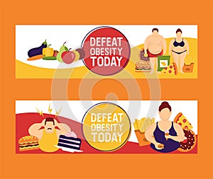 Obesity concept set of banners vector illustration. Make your choice between healthy and junk food. Defeat obesity today