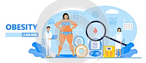 Obesity concept vector. Obsessive woman eats unhealthy food. Diabetes, atherosclerosis, hypertension, heart disease risk are