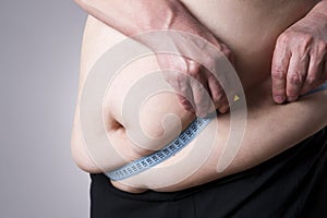 Obesity female body, fat woman with measuring tape