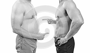 before obesity after slimming of men, pointing finger. cropped view of men