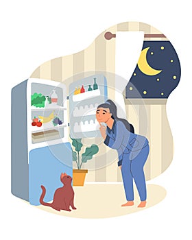 Obesity and weight problems. Hungry overweight woman standing in front of open refrigerator, flat vector illustration.