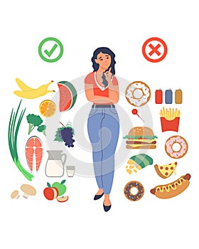 Obesity and weight problems. Young woman choosing between healthy and unhealthy food, flat vector illustration.