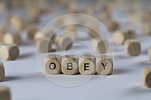Obey - cube with letters, sign with wooden cubes