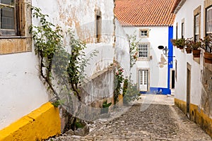 Obidos, Portugal - June 30, 2021: Picturesque street in the midieval town of Obidos