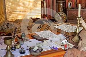 Obidos, Portugal. Medieval Moorish scribe tent reenactment in the very popular Medieval Market