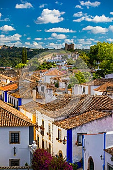 Obidos, Portugal stonewalled city with medieval fortress, historic walled town of Obidos, near Lisbon, Portugal. Beautiful view of