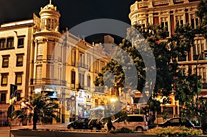 Obispo Codina street night view. Traditional buildings of the old town of Las Palmas, Gran Canaria. Vegueta district called after