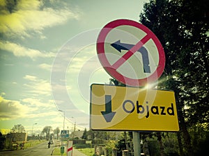 Objazd Detour in Polish, street sign