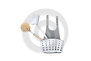 Object, brush dish clean in  white and gray plastic sink`s caddy holding for  dish brush and letting it drain. White background