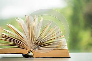 Object education green nature background with stack of ancient books or old bible, open paper book on wooden table with copy space