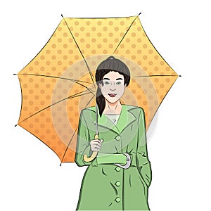 The object is isolated on a white background. Girl under an umbrella in a raincoat, rain in spring. Raster