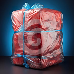 Object packaged in clear plastic. Abstract luggage wrapped in clear protective plastic.